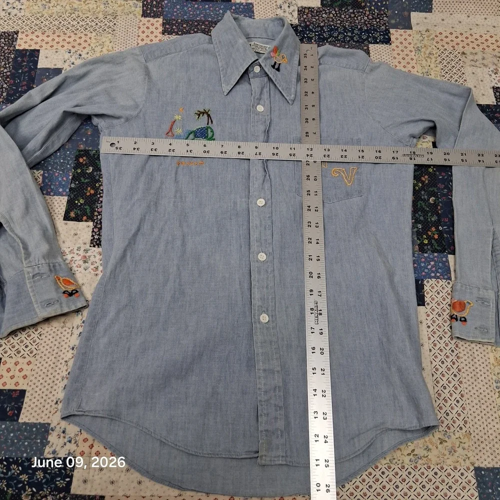 Vintage Kmart Sanforized Chambray Folk Embroidered Shirt Size 16 / Medium OOAK